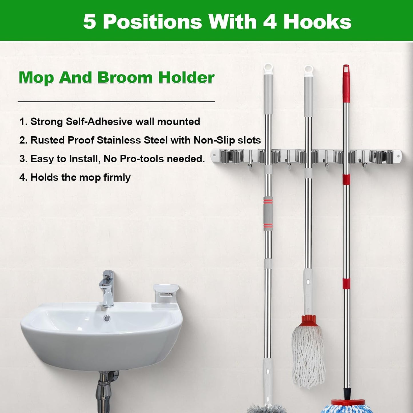 Voze Mop and Broom Holder - 5 Racks & 4 Hooks | Heavy-Duty Wall Mount Organizer for Home & Garage