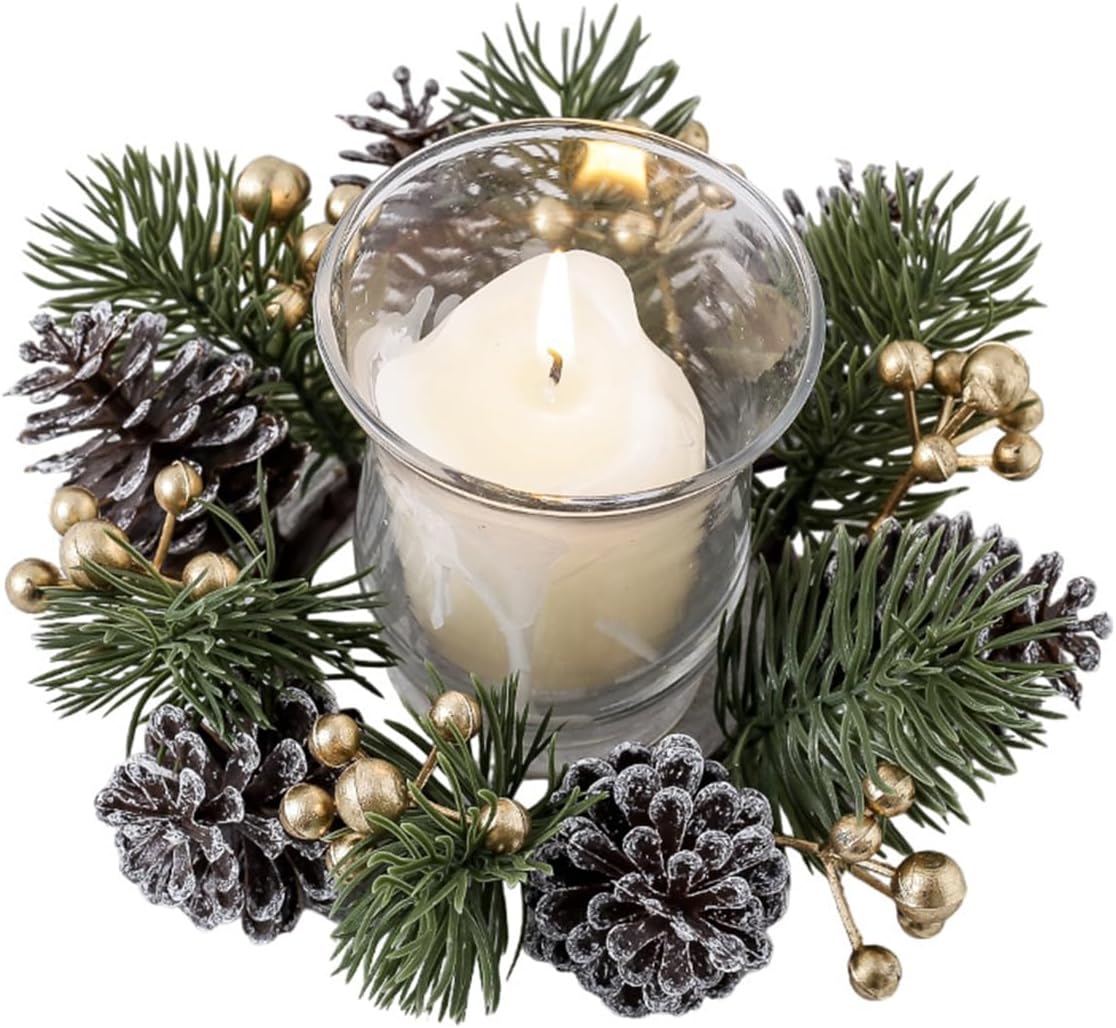 Regine Switzerland Christmas Candle Rings - Elegant Artificial Flower Wreaths with Gold Berries & Pinecones | Perfect Holiday Table Centerpieces