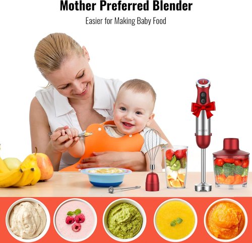 KOIOS 5-in-1 Hand Immersion Blender - 1000W, 12 Speed, Stainless Steel Blade, Red | Includes Mixing Beaker & Food Processor