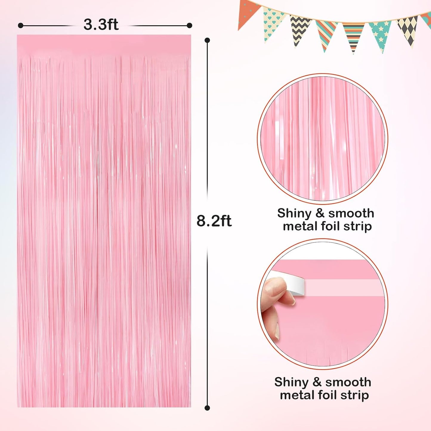 Pastel Pink Metallic Tinsel Foil Fringe Curtains - 2 Pack 3.3x8.3 Feet Backdrop for Weddings & Parties