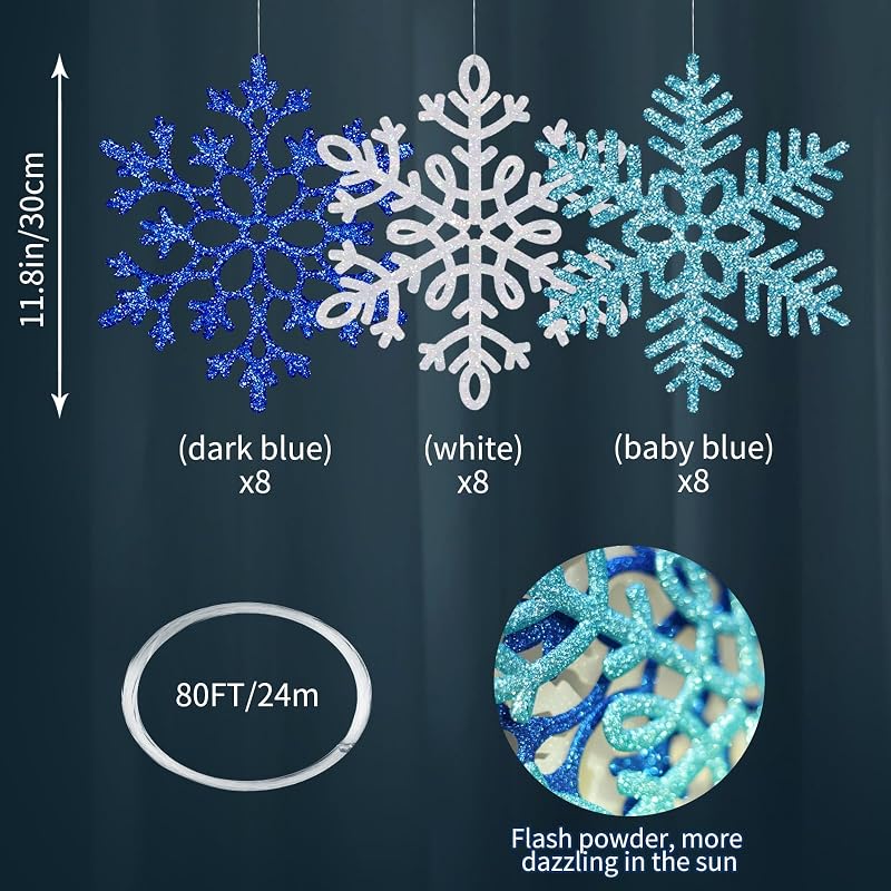 24 Pack 12" Glitter Hanging Snowflakes - Multicolor (Variation: White, Blue, Dark Blue)