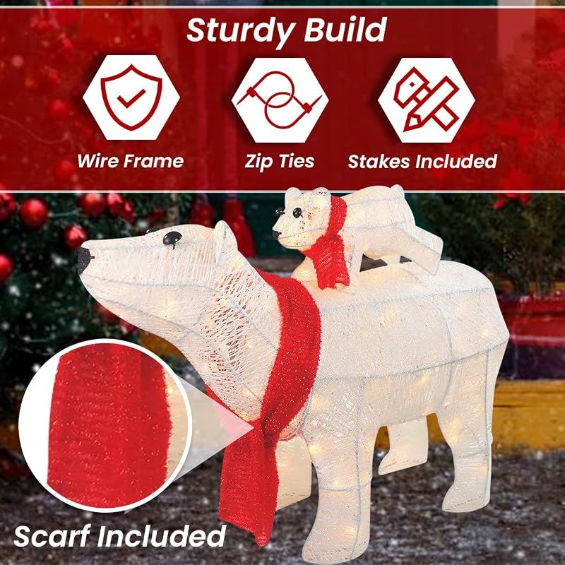 White Polar Bear Family 3-Piece Lighted Outdoor Christmas Decoration | 210 LED Lights