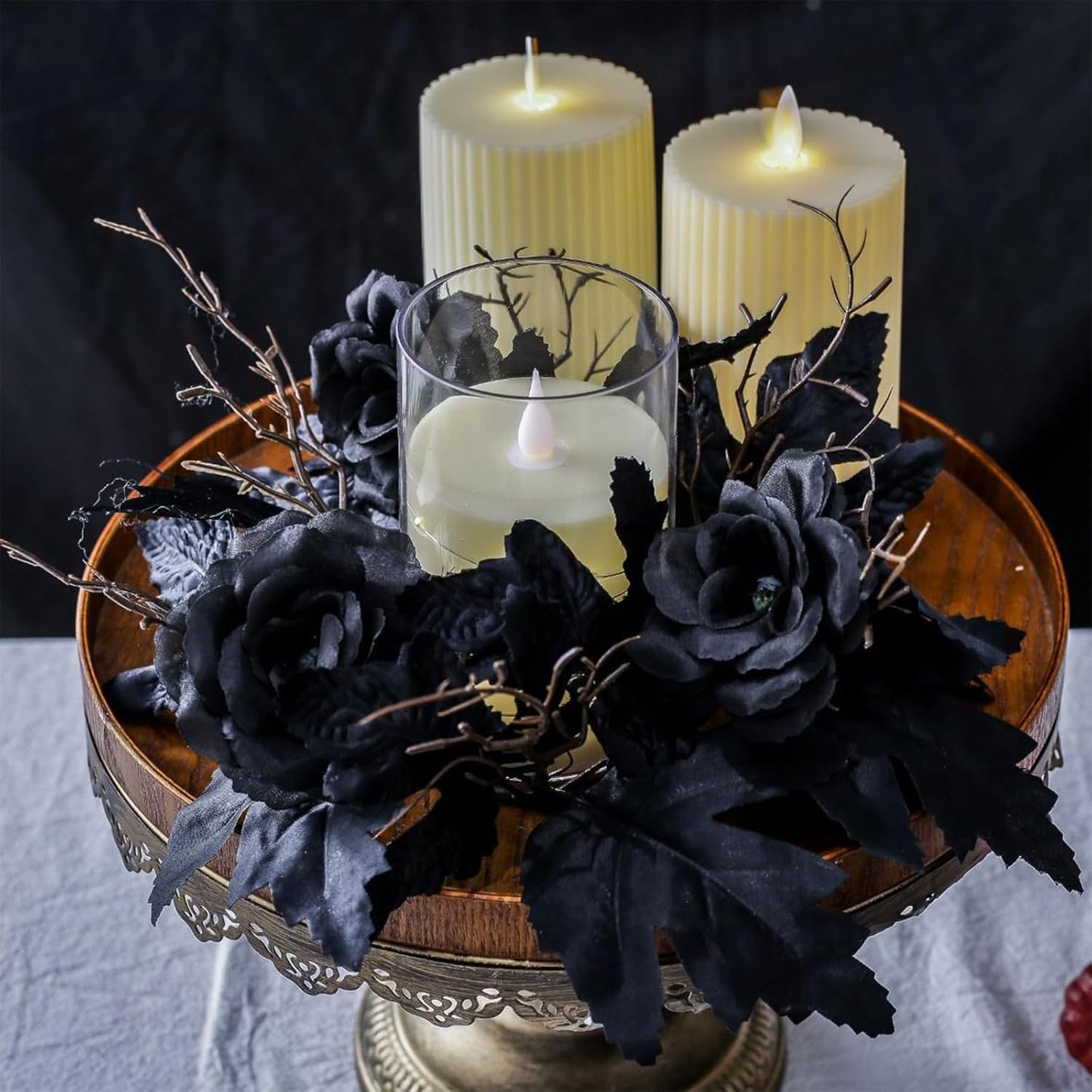 Skiennix Gothic Halloween Wreath - Black Candle Rings & Maple Rose Garland for Festive Decor