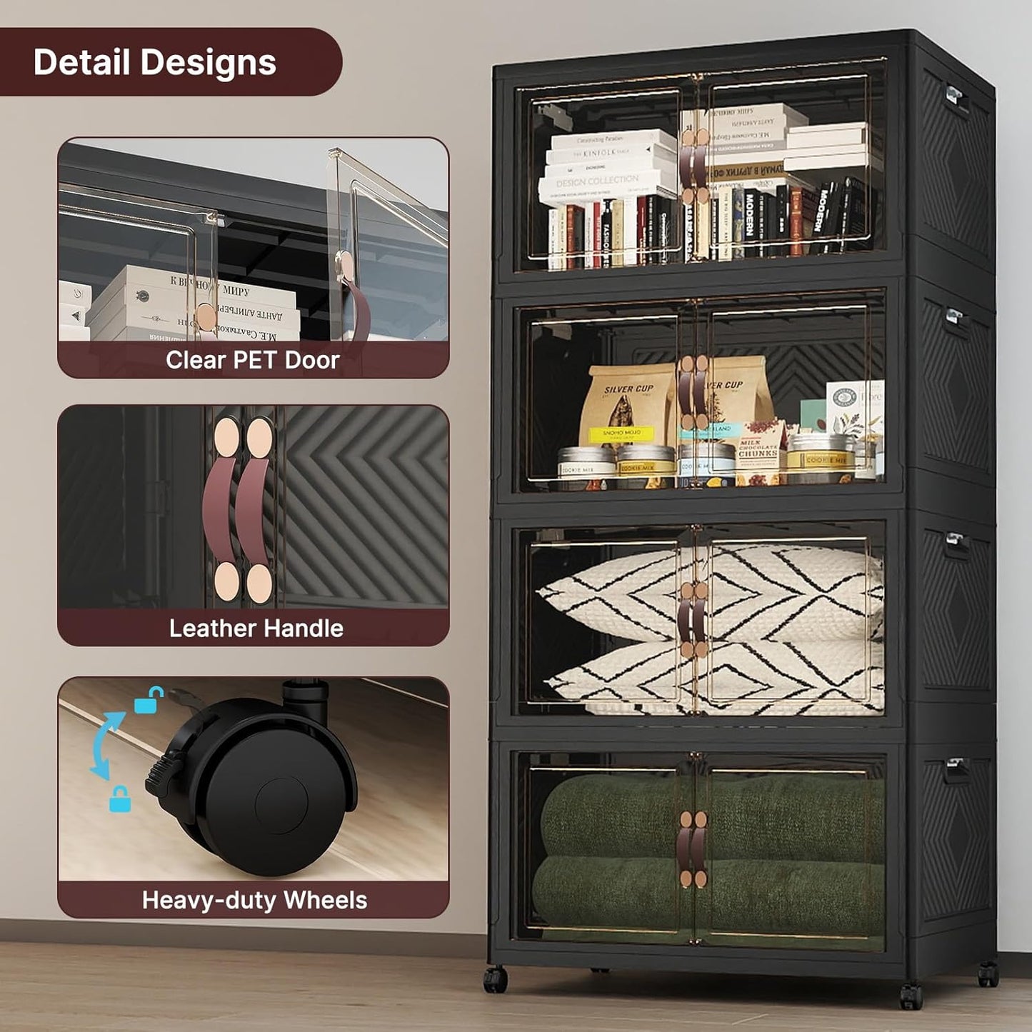 UAMFURI Stackable Storage Bins - 720QT Lockable Storage Cabinet with Lids & Wheels | Extra Large Black Drawers for Home & Office