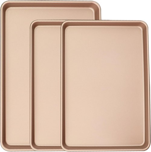 Heavy Duty 3-Pack Nonstick Carbon Steel Baking Sheet Set | Large 17.8"x12" & Medium 15.7"x10.8" Gold Pans for Oven & Roasting