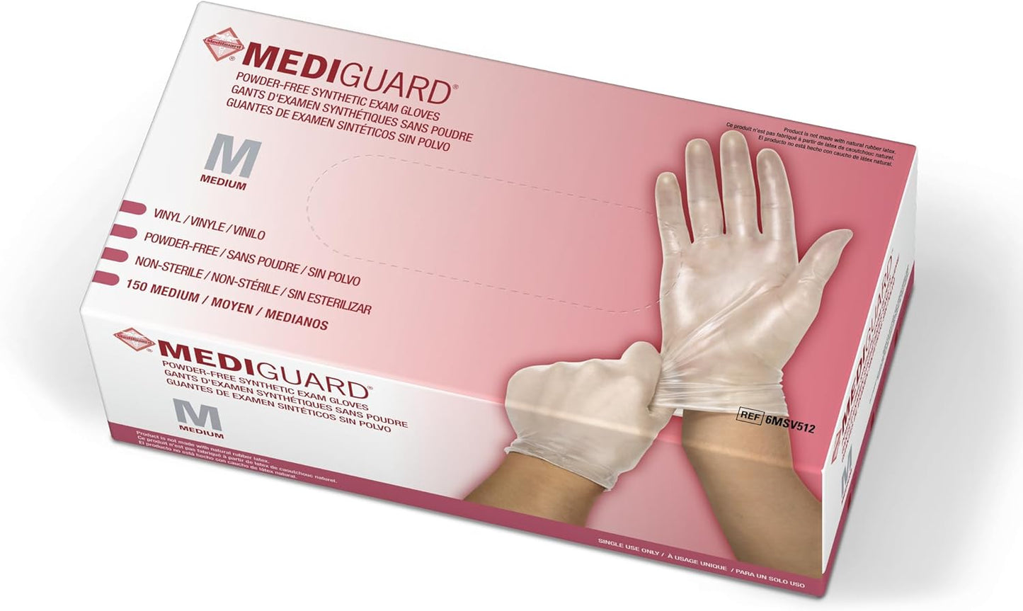 Medline MediGuard Vinyl Exam Gloves - Powder-Free, Disposable, Medium Size, 150 Count