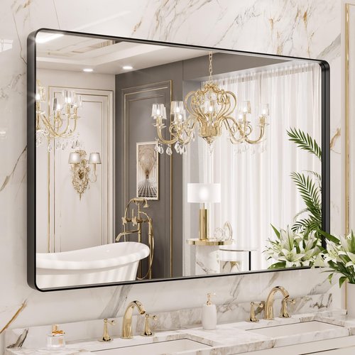 LOAAO 55X36 Inch Black Metal Framed Bathroom Mirror for Wall, Matte Black Bathroom Vanity Mirror Farmhouse, Large Rounded Rectangle Mirror, Anti-Rust, Tempered Glass, Hangs Horizontally or Vertically