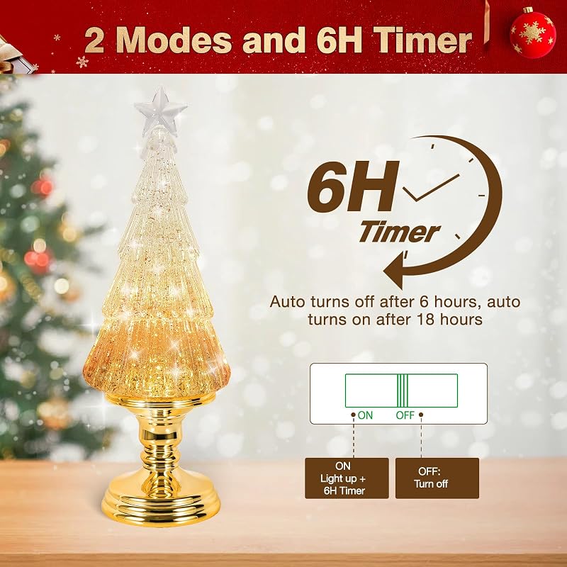 Christmas Tree Snow Globe Lantern with 6H Timer - USB & Battery Operated (Gold Tree)