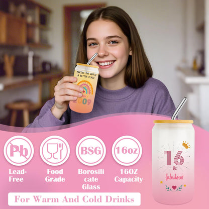 Sweet 16th Birthday Gifts for Girls, Cool 16 Year Old Girl Gift Ideas for Her Granddaughter Daughter Niece Teens, Happy 2009 Sixteen Decorations Presents Basket Glass Cup Sock Makeup Bag Necklace