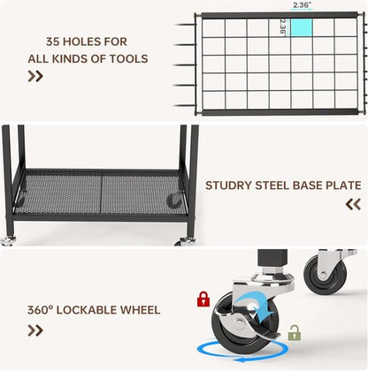 Hadulcet Garden Tool Organizer - Heavy-Duty Metal Rack with Lockable Wheels & Storage Hooks | Black