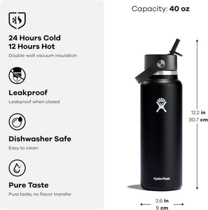 Hydro Flask Water Bottle - Insulated Stainless Steel - 40 Oz Wide Mouth with Flex Straw Lid | Leakproof & Refillable in Botanical Bliss Agave