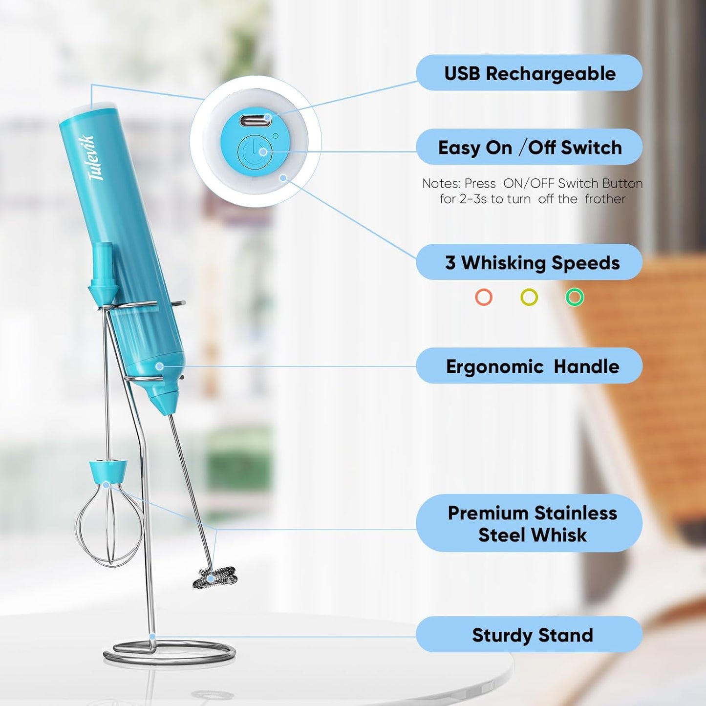 Milk Frother - Skiennix Handheld Electric Whisk with 3 Speeds & USB Rechargeable - Blue