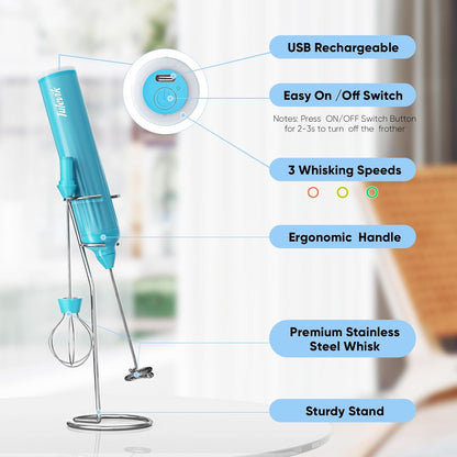 Milk Frother - Skiennix Handheld Electric Whisk with 3 Speeds & USB Rechargeable - Blue