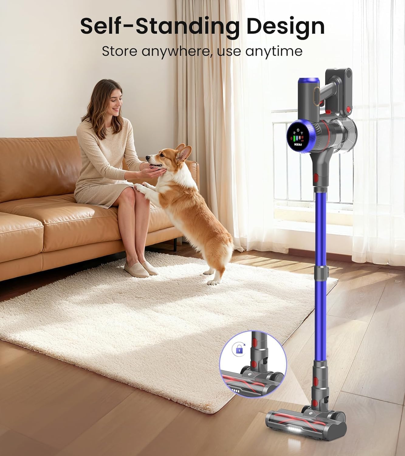 Skiennix Cordless Vacuum Cleaner - 550W, 45kPa Suction Power, 65 Mins Runtime, LED Display, Anti-Tangle Brush