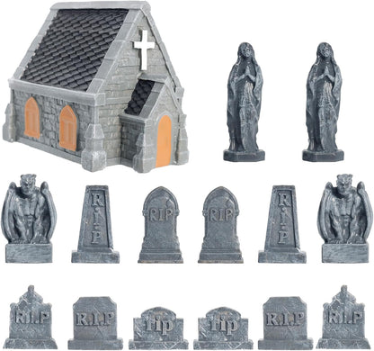 Rileryan Miniature Church Tombstones - 15 PCS Gargoyle Virgin Figurines for Halloween Decor