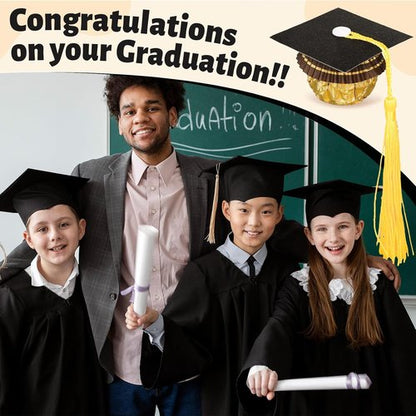 FYSUIMU Graduation Cap Cupcake Toppers - 60 Sets of Mini Black Grad Hats with Tassels & Stickers