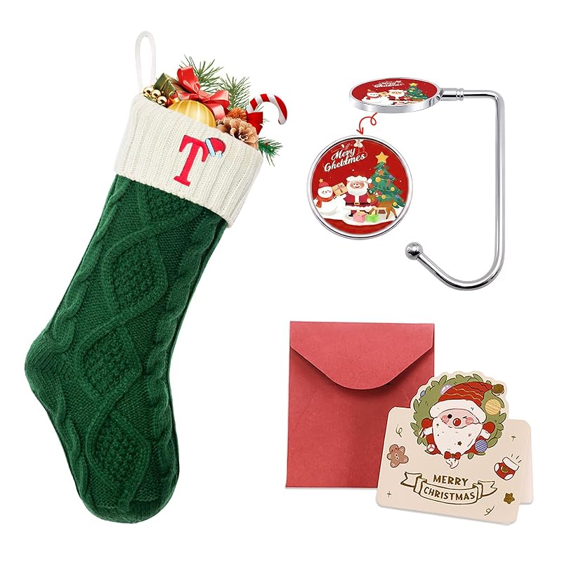 Large 18'' Embroidered Monogram Knit Christmas Stocking - Green White, Letter T