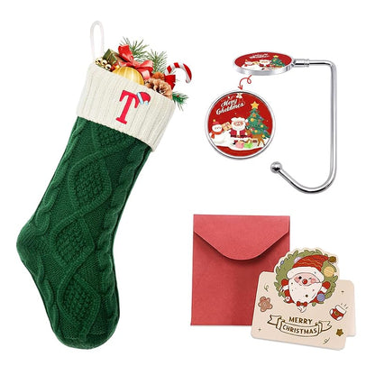Large 18'' Embroidered Monogram Knit Christmas Stocking - Green White, Letter T