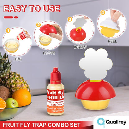 Qualirey Fruit Fly Trap - Indoor 4-Pack with Refill Liquid & 60 Sticky Pads | Safe for Pets & Kids