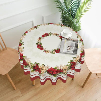 60-Inch Round Christmas Tablecloth with Winter Floral Leaves - Aytipun