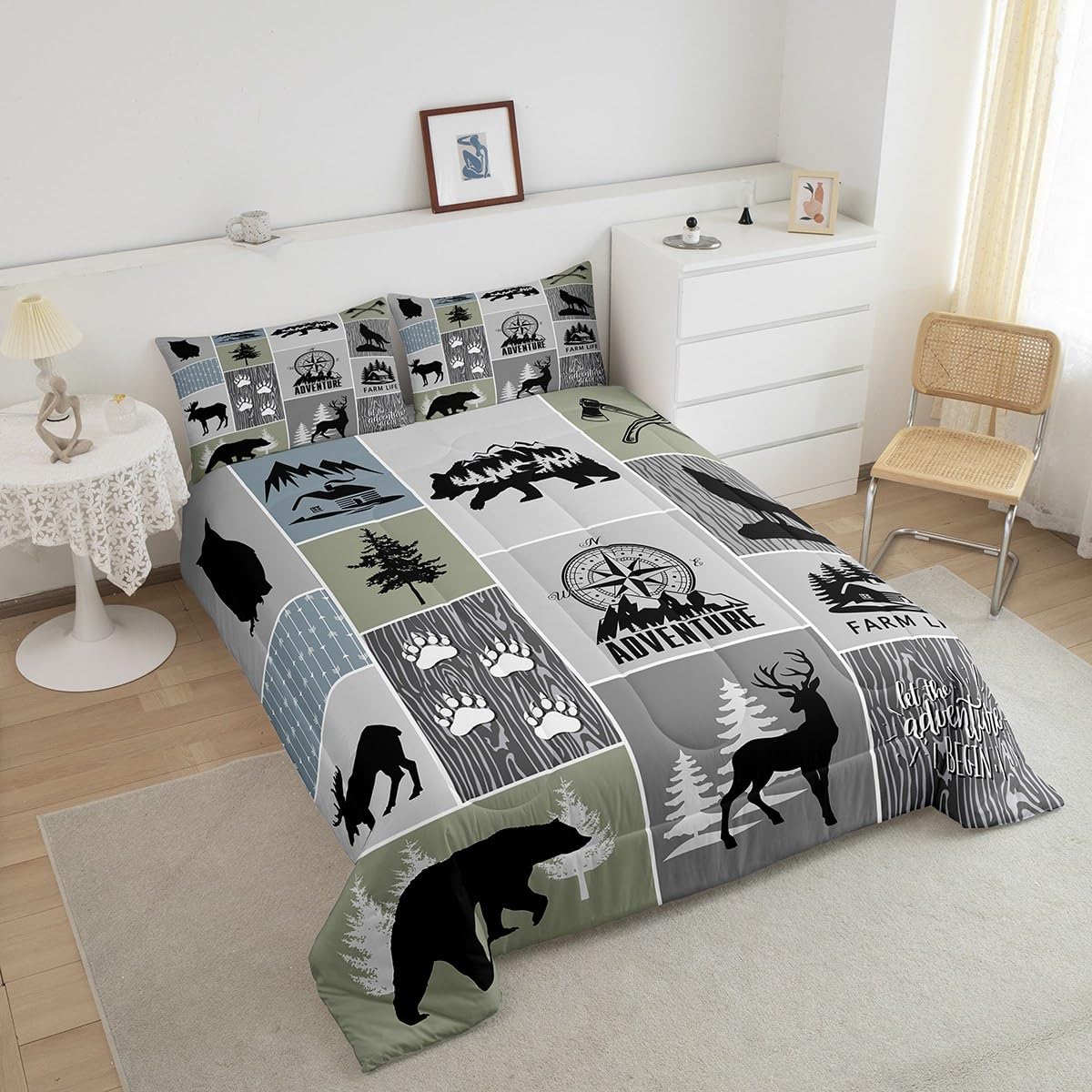 Rustic Farmhouse Cabin Kids Comforter Set Full Size,Deer Bear Hunting Adventure Bedding Set for Boys Girls Adults Room Decor,Geometric Plaids Down Comforter,Gray Green Duvet Insert,2 Pillowcases