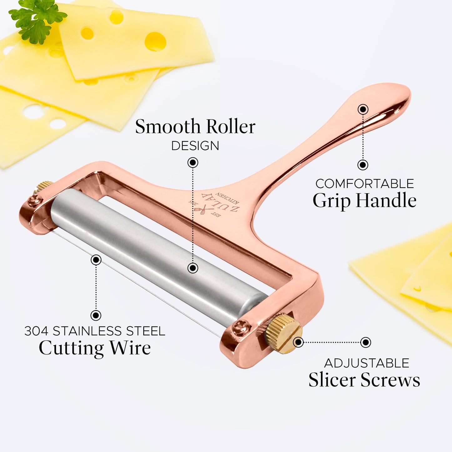 Zulay Cheese Slicer With Adjustable Thickness - Wire Cheese Slicer For Mozzarella Cheese, Cheddar Cheese, Gouda Cheese - Cheese Slicers For Block Cheese Heavy Duty With 2 Extra Wires (Rose Gold)