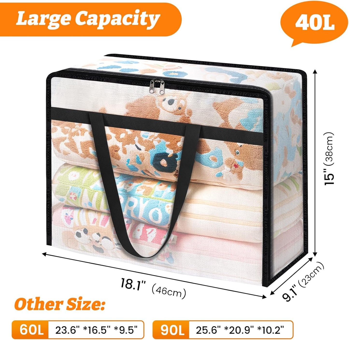 BlissTotes Clear Clothes Storage Bags - 4 Pack Foldable Under Bed Containers with Sturdy Zipper (40L)