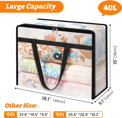 BlissTotes Clear Clothes Storage Bags - 4 Pack Foldable Under Bed Containers with Sturdy Zipper (40L)