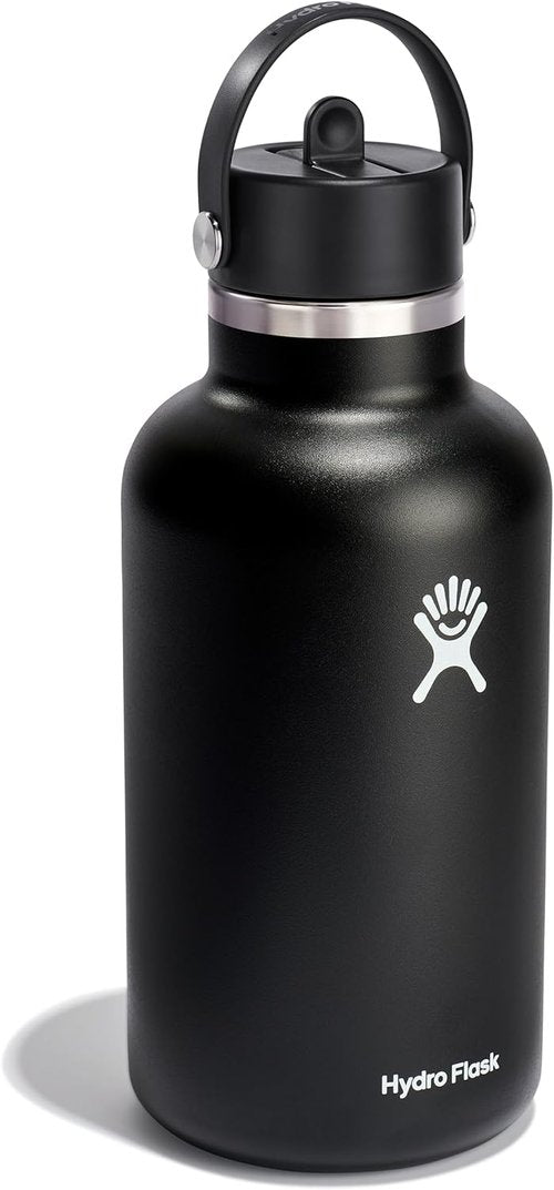 Hydro Flask Water Bottle - Insulated Stainless Steel with Wide Mouth Flex Straw Lid - 64 Oz Black