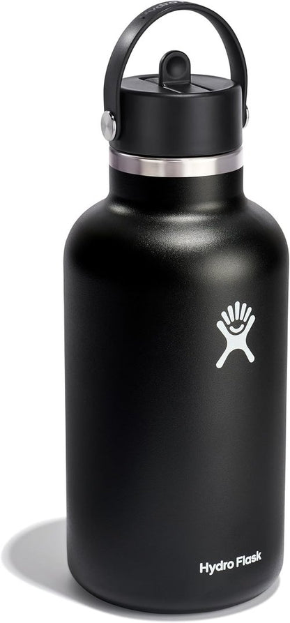 Hydro Flask Water Bottle - Insulated Stainless Steel with Wide Mouth Flex Straw Lid - 64 Oz Black