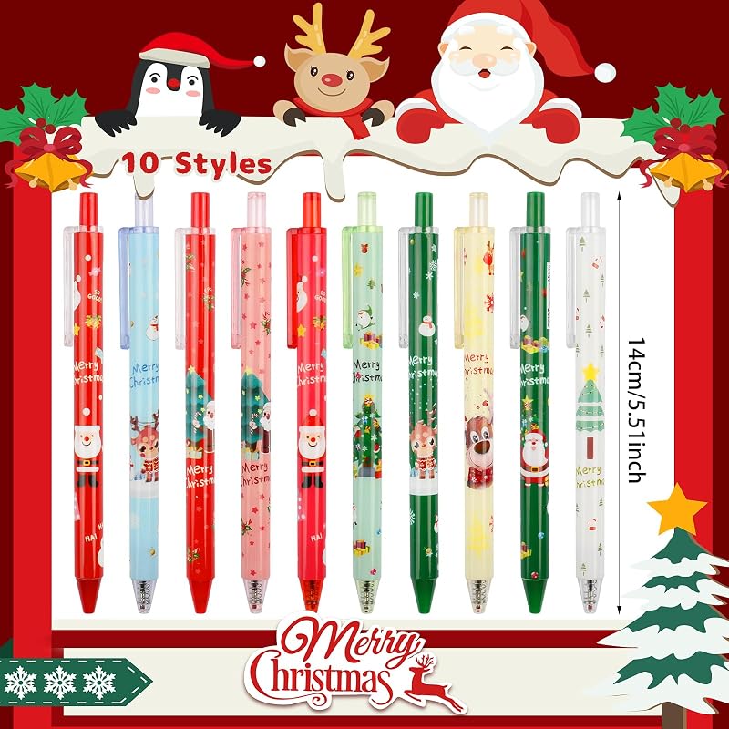 Christmas Gel Pens Set 30 Pcs - Retractable Ballpoint Pens with Santa, Snowman & Gifts
