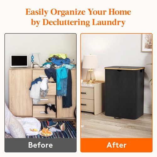 Lifewit 150L Double Laundry Hamper with Lid, Large Laundry Basket with Removable Bag & Bamboo Handles, Fodable Tall Dirty Clothes Hamper for Laundry Collapsible Bin for Bathroom Bedroom Dorm, Black