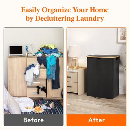 Lifewit 150L Double Laundry Hamper with Lid, Large Laundry Basket with Removable Bag & Bamboo Handles, Fodable Tall Dirty Clothes Hamper for Laundry Collapsible Bin for Bathroom Bedroom Dorm, Black