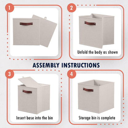 Ornavo Home Storage Cube Bins - Foldable Fabric Organizer with Leather Handles | 11x11, Beige, 6 Pack