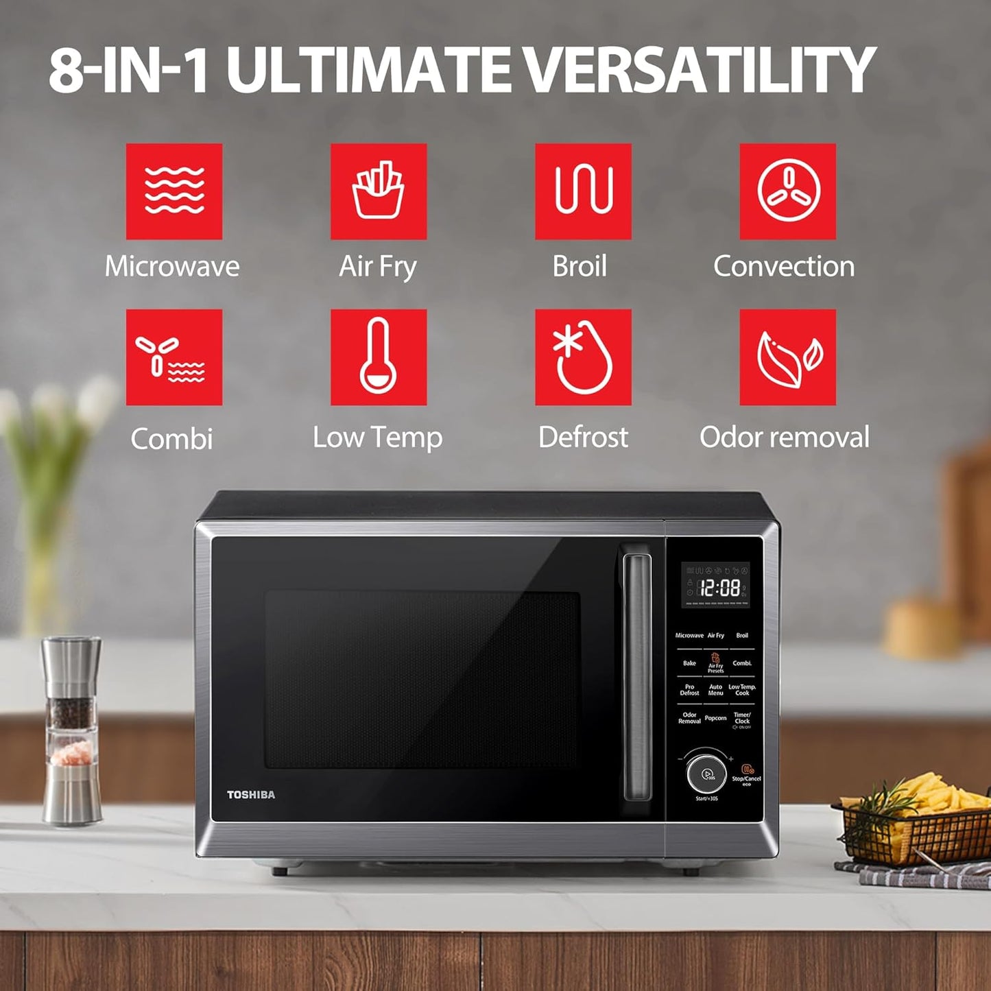 TOSHIBA Air Fryer Combo - 8-in-1 Countertop Microwave Oven with Convection & Broil | 1.0 Cu.ft, Black Stainless Steel