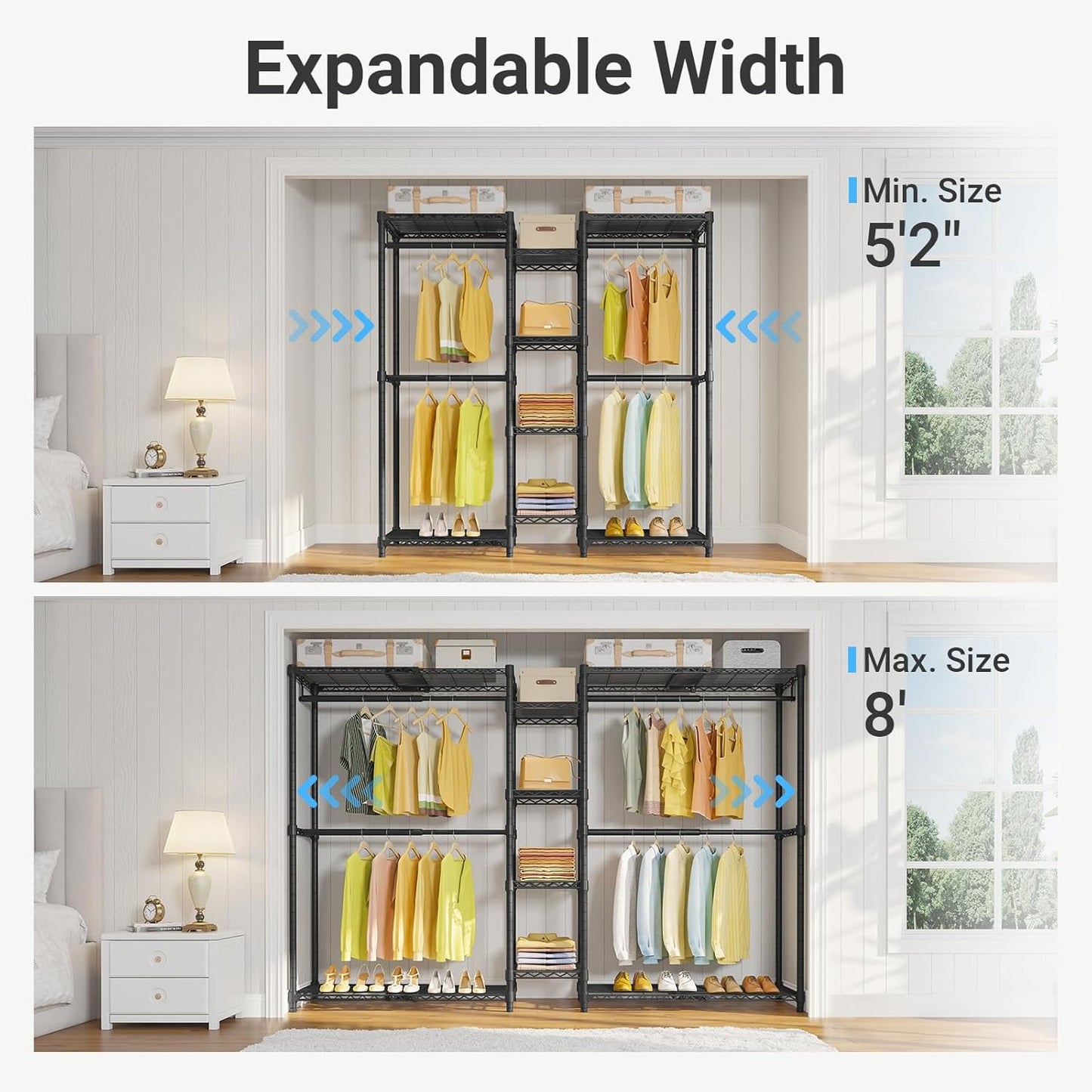 VIPEK X3 Heavy-Duty Expandable Clothes Rack - Adjustable 5'2" to 8' with Shelves & Hanger Rods, Black