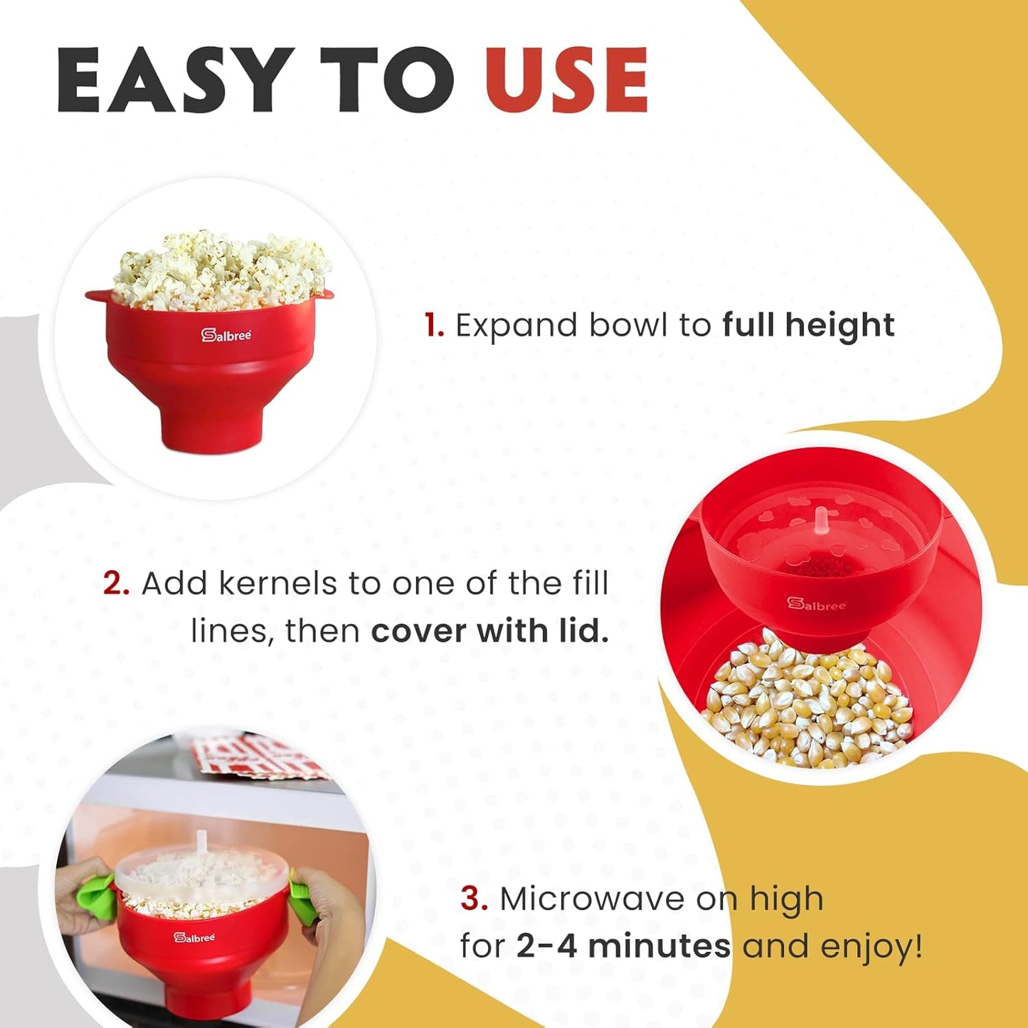Salbree Collapsible Silicone Microwave Popcorn Popper - 16 Cup Capacity, Versatile & Colorful (Red)