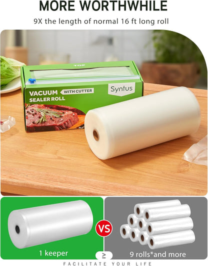Syntus Food Vacuum Seal Roll - 11" x 150' BPA-Free Bags with Cutter Dispenser for Meal Prep & Storage