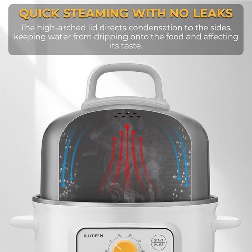 BUYDEEM G32 Electric Food Steamer - 1.6QT Stainless Steel for Vegetables, Eggs & Seafood | 8 Time Settings, Quick Steam, Arctic White
