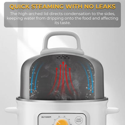BUYDEEM G32 Electric Food Steamer - 1.6QT Stainless Steel for Vegetables, Eggs & Seafood | 8 Time Settings, Quick Steam, Arctic White