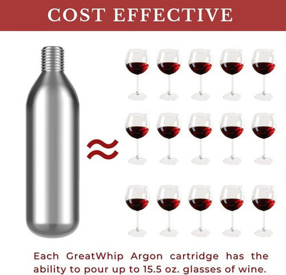 GreatWhip Argon Gas Capsules Compatible with Wine Preservation Systems (10 Packs) - Silver, Plastic, Cyclindrical Bottle Stopper for Wine Preservation