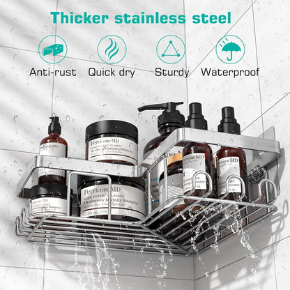 YASONIC Shower Caddy - Rustproof Stainless Steel Bathroom Organizer with Soap Holder & 12 Hooks | Brushed Silver, 3-Pack
