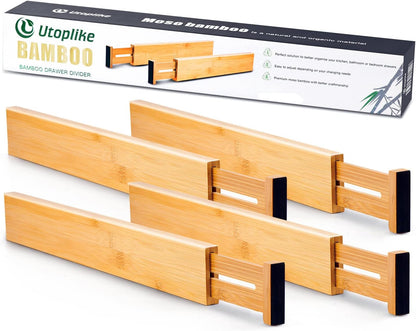 Utoplike Bamboo Drawer Dividers - Adjustable 4-Piece Set for Kitchen & Home Organization