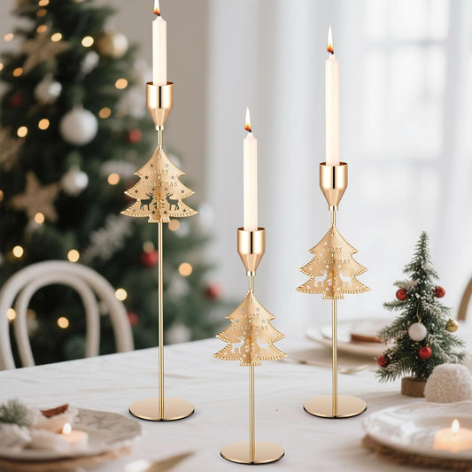 Ziliny Christmas Tree Reindeer Candle Holders - Vintage Gold Taper Holders | 3 Sizes for Holiday Decor
