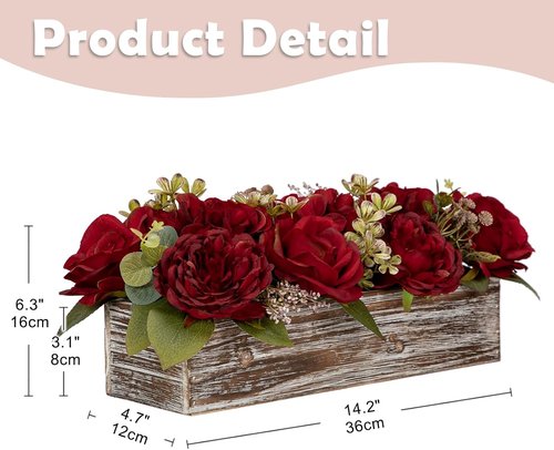 Flower Arrangement | Skiennix 14" Artificial Flowers in Wooden Vase - Red Roses, Peonies & Hydrangeas for Table Decor