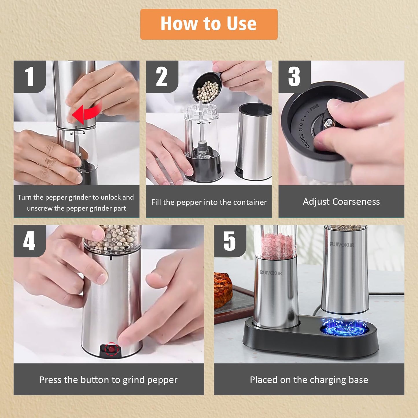 RUIVOKUR Automatic Salt and Pepper Grinder Set, Electric Salt and Pepper Grinder Set Rechargeable with Charging Base, 2 Pack USB Electric Pepper Grinder with Adjustable Coarseness for Kitchen