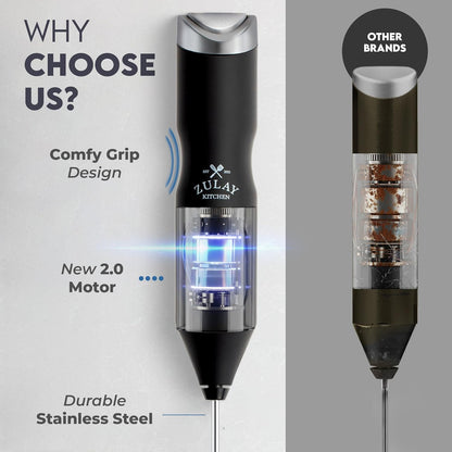 Zulay Kitchen Powerful Frother Wand AA Batteries Included, Ultra Fast Handheld Drink Mixer, Comfort Milk Frother, Stainless Steel Whisker, Frother Handheld for Coffee, Protein & Matcha - Frothmate 2.0