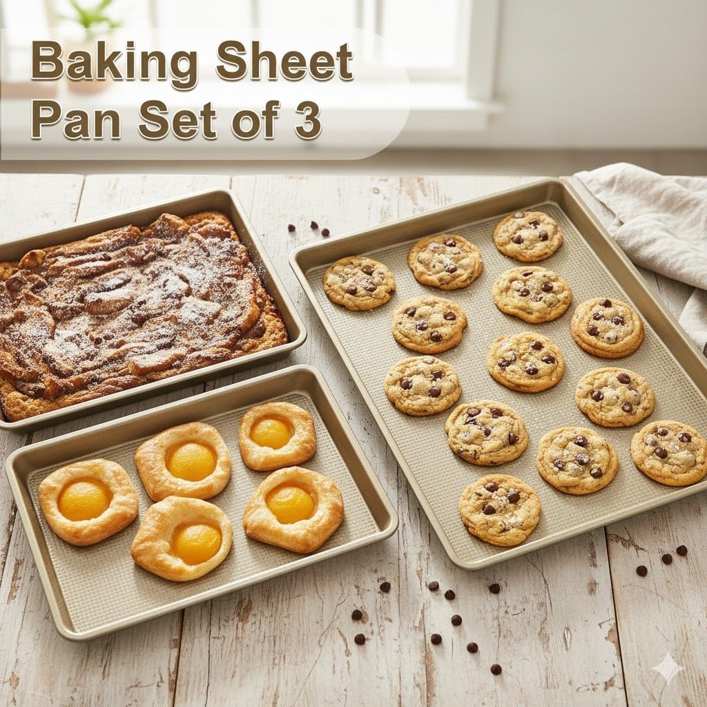 Skiennix Baking Sheet Pan Set of 3 - Nonstick Cookie Sheets | Heavy-Duty Carbon Steel | Rust-Free & Toxic-Free