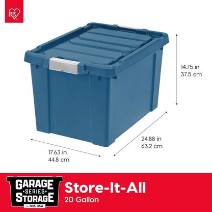 IRIS USA 20 Gallon Eco-Friendly Lockable Storage Bins - Heavy Duty, Stackable Containers, Navy | 4 Pack