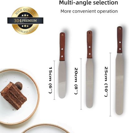 Skiennix Straight Icing Spatula Set - Stainless Steel Cake Decorating Tools | 6-Piece with Wooden Handles